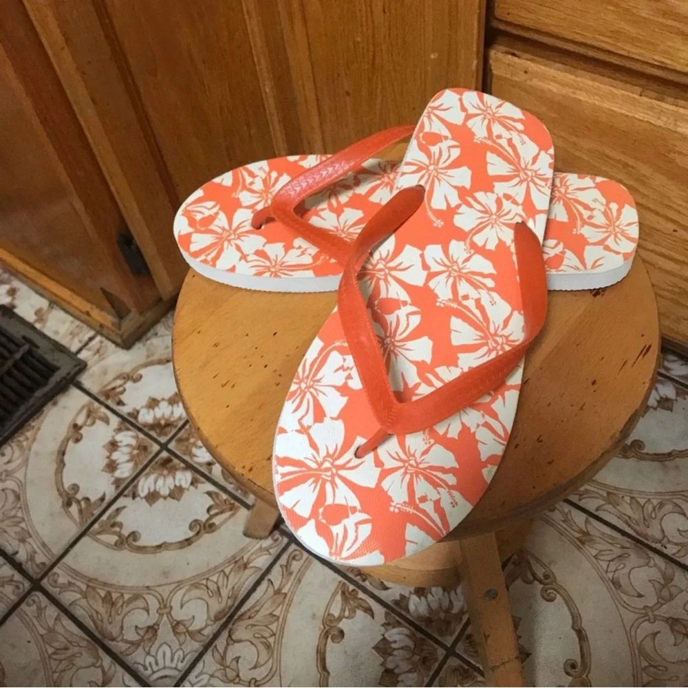 Coral and White Floral Flip Flops